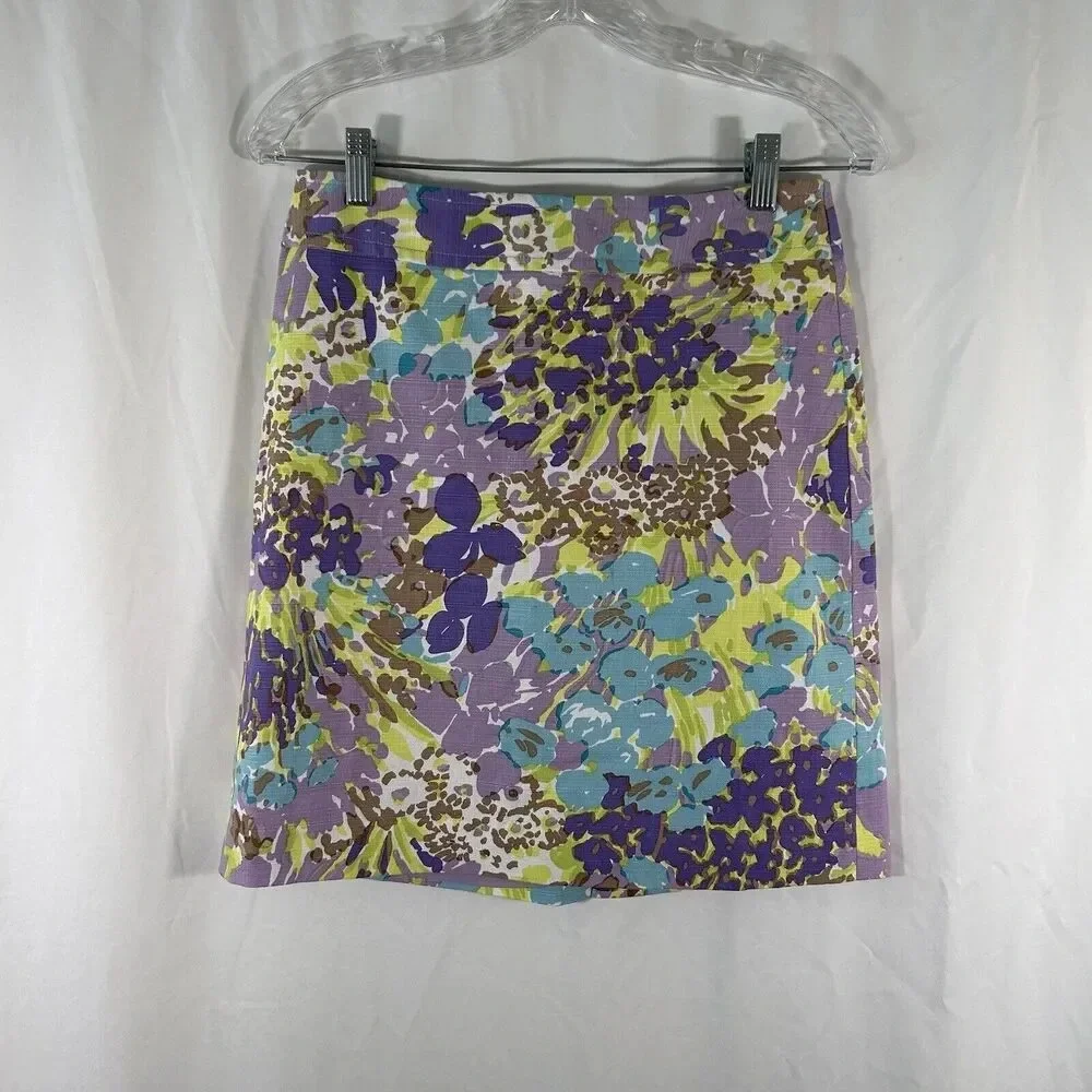 Talbots Skirt Women's 2 Petite Green Purple Cotton Blend Rear Zip Lined